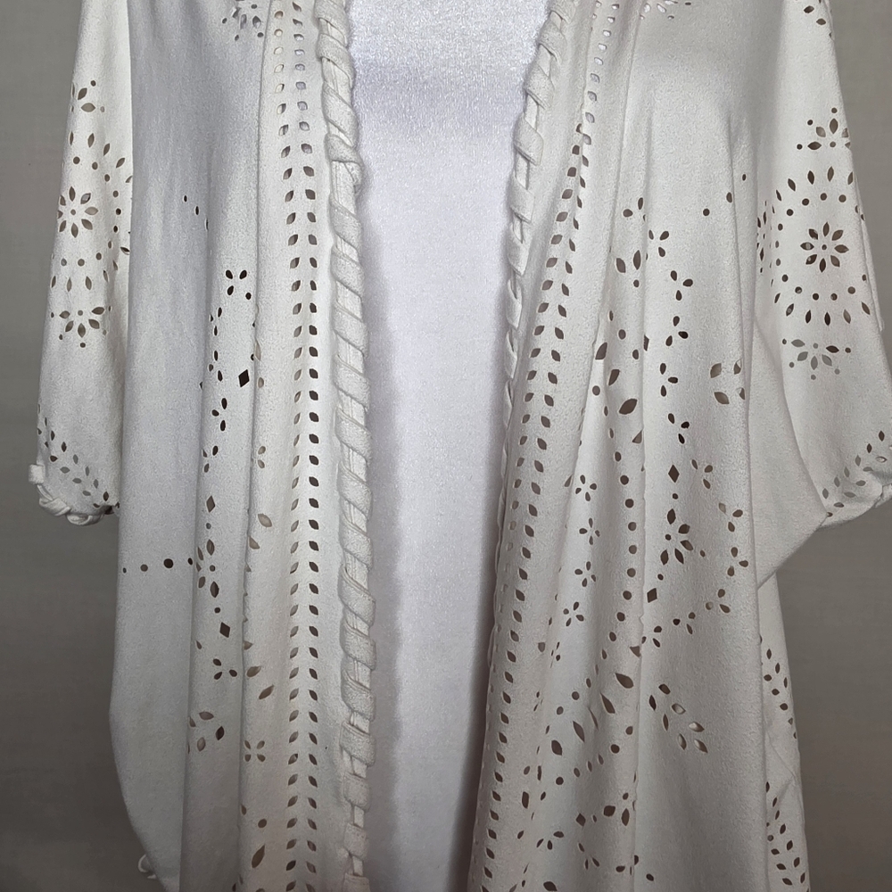 CATO womens Ivory Eyelet Open Front Kimono Boho Style Short Sleeve Size XL - Picture 4 of 9